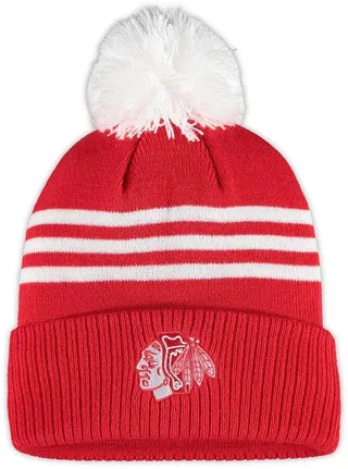 Men's Red Chicago Blackhawks Three-Stripe Cuffed Knit Hat with Pom