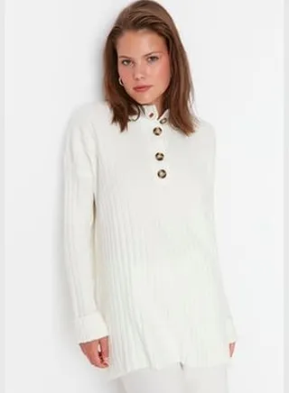 Ecru Collar with Buttons, Corduroy Knitwear Sweater TCTAW23AK00035