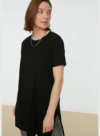 Black 100% Cotton Basic Short Sleeves Slit Single Jersey T-Shirt TCTSS21TN0056