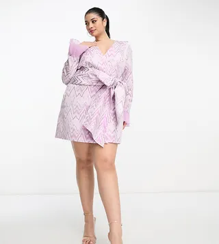 ASOS LUXE Curve wrap long sleeve mini dress in geo jacquard