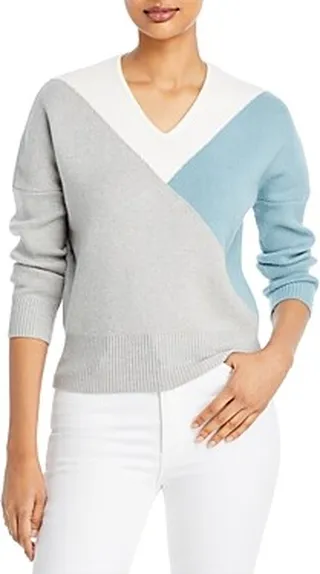 T Tahari Color Blocked V Neck Sweater