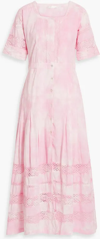 Edie crocheted lace-trimmed tie-dyed cotton maxi dress