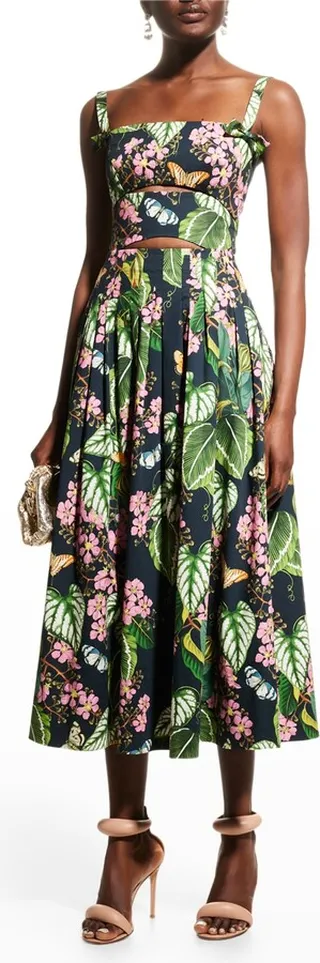 Mixed Botanical-Print Cutout Pleated Midi Dress