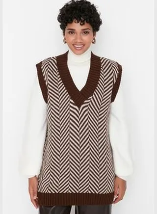 Brown Striped V-Neck Knitwear Sweater TCTAW22UV0021