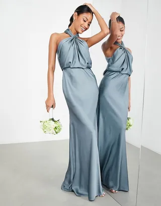 ASOS EDITION satin ruched halter neck maxi dress in dusky blue