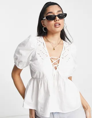ASOS DESIGN short sleeve cotton top with butterfly cutwork in ivory