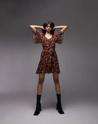 Topshop inky printed tie waist mini dress in orange