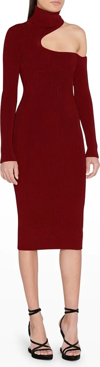 Cutout Turtleneck Ribbed Midi Dress