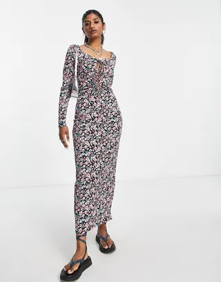 Only tie front maxi body-conscious dress in black floral
