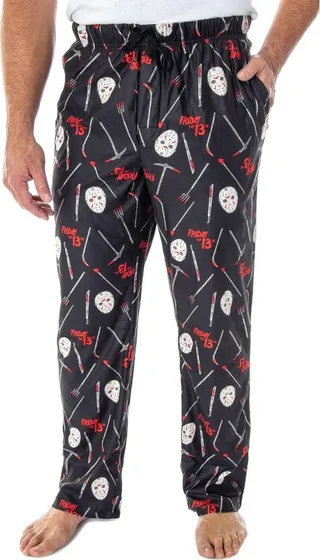 Friday The 13th Men's Jason Hockey Mask Allover Pattern Sleep Pajama Pants (2XL) Black