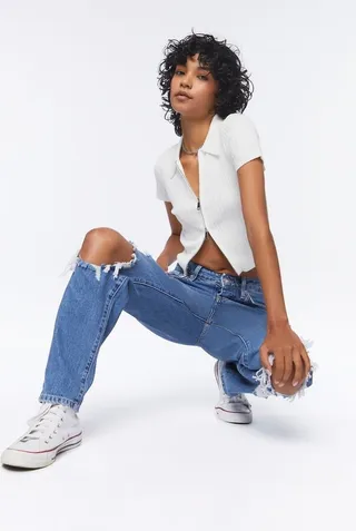 Recycled Cotton Distressed Mom Jeans