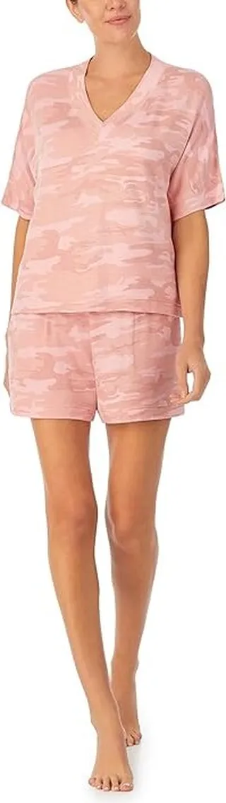 Sanctuary Short Sleeve Boxy V-Neck Boxer PJ Set (Pink Camo) Women's Pajama Sets
