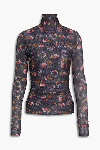 Ruched floral-print stretch-mesh turtleneck top