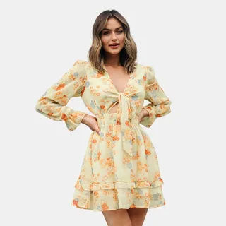 Women's V Neck Floral Cutout Mini Dress - Cupshe-XL-Yellow