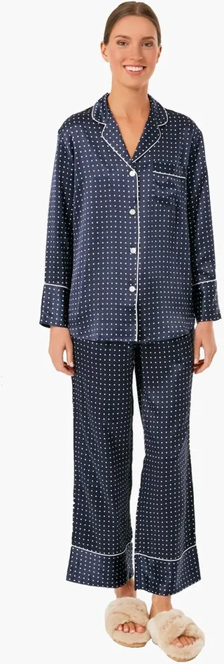 Navy Silk Polka Dot Classic Pajama Set