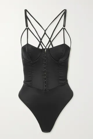 Coco de Mer - Sylph Cutout Silk-blend Satin Underwired Thong Bodysuit - Black