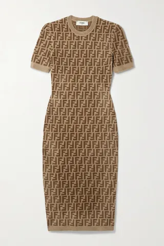 Fendi - Logo-jacquard Stretch-velvet Midi Dress - Brown