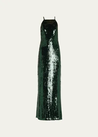 Crystal-Strap Open-Back Sequin Gown