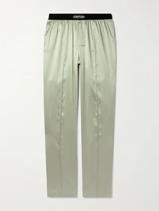Velvet-Trimmed Stretch-Silk Satin Pyjama Trousers