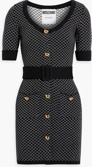 Button-embellished jacquard-knit wool mini dress