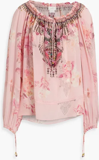 Crystal-embellished printed silk crepe de chine blouse