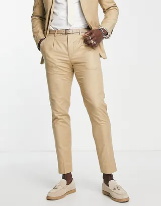 Selected Homme slim fit suit pants in sand linen mix