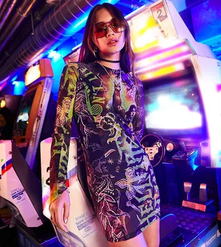 Reclaimed Vintage x Stranger Things mesh mini dress in HellFire Club print