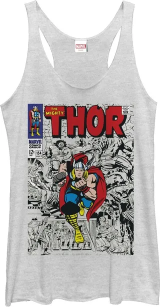Women's Marvel Mighty Thor Comic Book Cover Print Racerback Tank Top - White Heather - Small