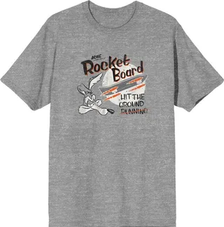 Looney Tunes Wile E. Coyote Rocket Board Men's Heather Grey Graphic Tee-XXL
