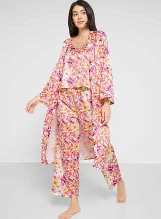5Pc Pyjama Set Cami Top With Night Robe, Slip, Short & Pant