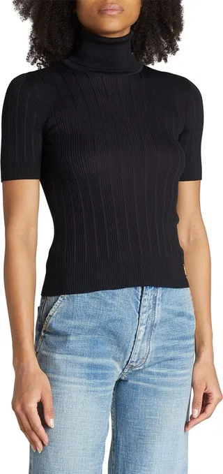 Rib Short-Sleeve Silk Turtleneck Sweater