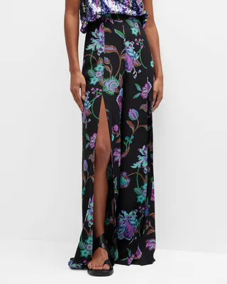 Floral-Print Thigh-Split Wide-Leg Pants