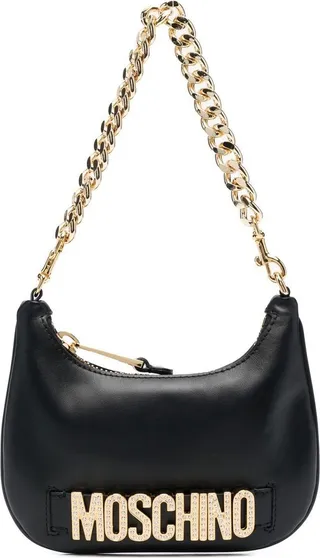 Crystal-Logo Leather Shoulder Bag