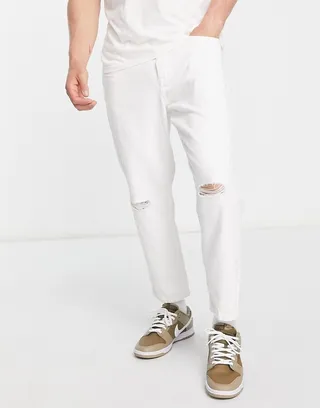 Only & Sons Avi tapered cropped jeans in white with rips