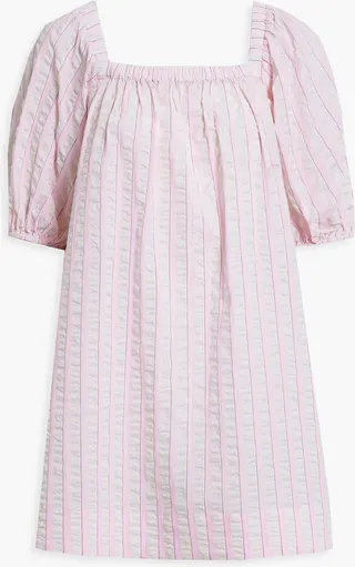 Gathered striped cotton-seersucker mini dress