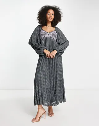 ASOS DESIGN embroidered bust pleated midi dress with long sleeve in dark gray