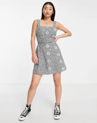 Miss Selfridge belted mini dress in embroidered mono gingham