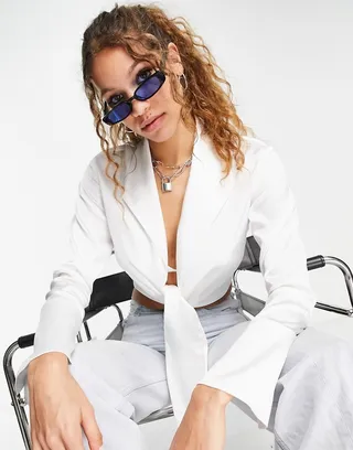 Topshop satin tie front shirt in white