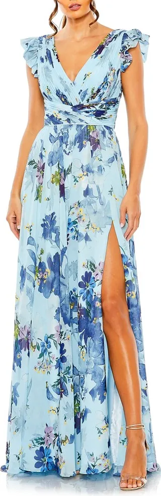 Floral Flutter Sleeve Chiffon Gown