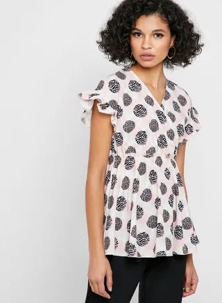 Animal Print Wrap Front Ruffle Top