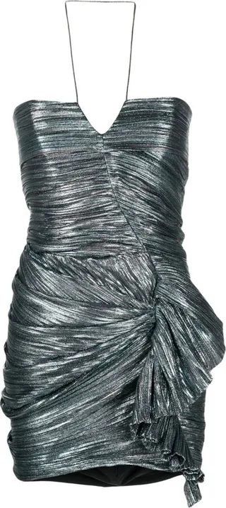 Ruched-Bodice Ruffle-Detail Dress
