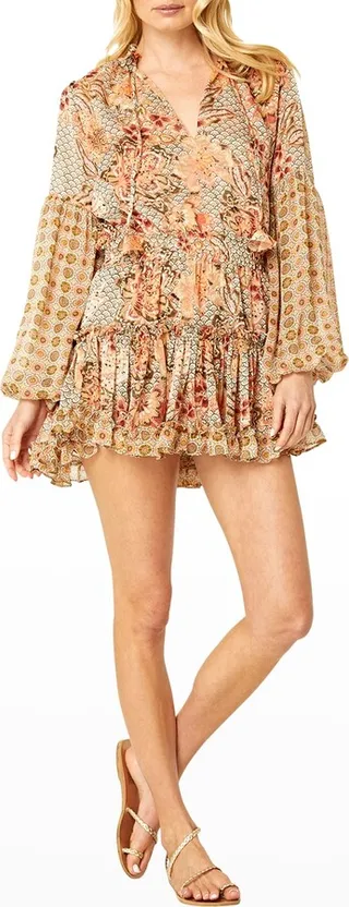 Elisabetta Multi-Printed V-Neck Ruffled Mini Dress