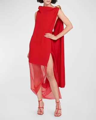 Draped Sheer-Panel High-Low Dress