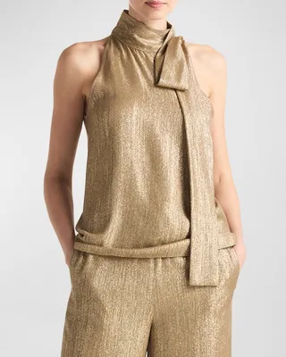 Metallic Voile Gauze Halter Necktie Top
