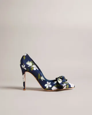 Floral Bow Court Heels in Navy