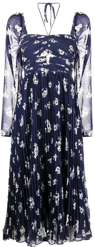 Pansy-Print Pleated Midi Dress