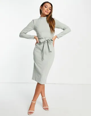ASOS DESIGN long sleeve midi dress with obi belt in sage green