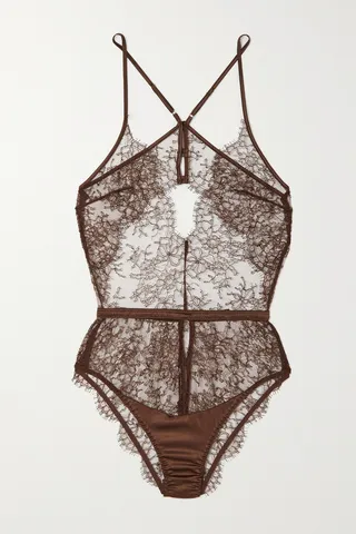 Coco de Mer - Mickalene Scalloped Silk-trimmed Chantilly Lace Bodysuit - Brown