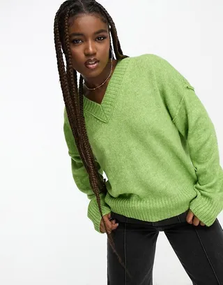 ASOS DESIGN chunky v neck sweater in green