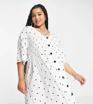 ASOS DESIGN Curve shirred button up mini smock dress in mini polka dot